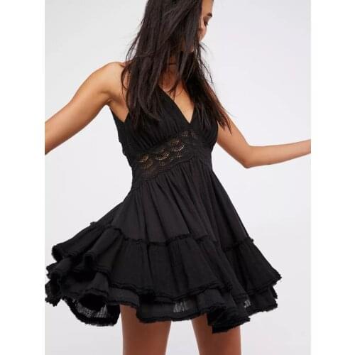 YYCZF 2021 New Summer Women Sexy Dresses Club Party Slip Lace Splice Hollow Halter Dress Ruffles Black Plus Size Ladies Dresse