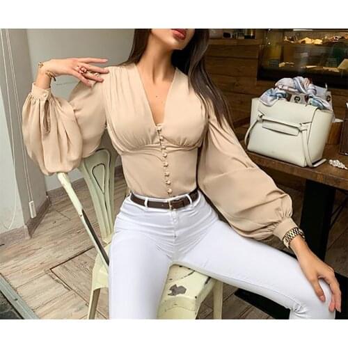 Ladies Elegant Blouse Lantern Long Sleeve Tops 2020 Summer V Neck Crop Top Fashion Shirts Women Button Down Blouses New Clothing