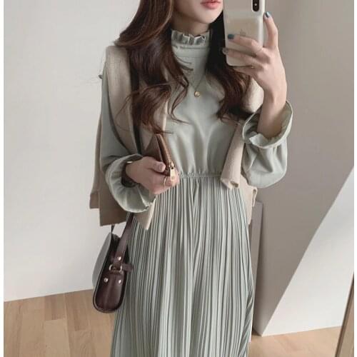 Korean Women Dresses Sundress Vintage Flare Sleeve High Collar Chiffon Dress Elegant A-Line Pleated Elastic Waist Dress