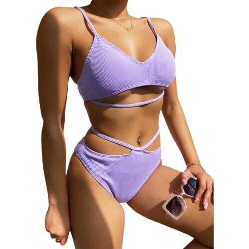 Female Solid Color Two-Piece Bikini Set tV-Neck Sleeveless Crop Tops+ Bikini Panties Bathing Suit Purple Sky Blue