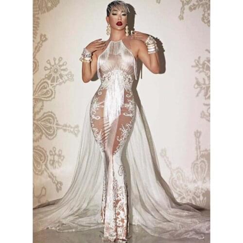 New Design Print Tassel White Tail Dress Dance Costume Birthday Celebrate Party Long Dress Bar Prom Singer Performance Wear