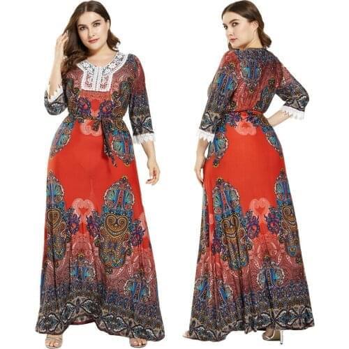 Ethnic Boho Printed Women Plus Size Muslim Loose Long Dress Long Sleeve Kaftan Holiday Beach Casual Robe Abaya Caftan Sundress