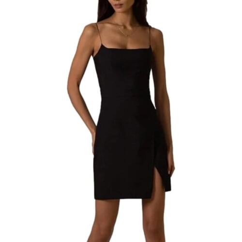 Women Summer Sleeveless Dress Adults Sexy Slim-fit Solid Color Boat Neck Spaghetti Strap Slit