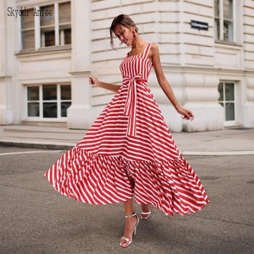 Plus Size 3XL Women Sexy Summer Dress Striped Elegant Sleeveless Female Long Dress Ruffles Casual Red Party Dress Maxi Vestidos