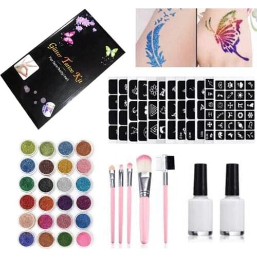 24 Color 125 Tattoo Templates Flash Diamond Glitter Flash Powder For Temporary Tattoo Kids Face Body Painting Art Tools Suit
