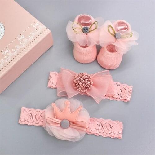 Infant Newborn Baby Girls 3Pcs/Set Slipper Socks Headband Gift Foot Socks Lace Crown Hair Band Accessories Photo Props Meias
