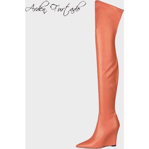 Arden Furtado 2021 Fashion Womens Shoes Winter Orange Green Pointed Toe Wedges Over The Knee boots thigh High Boots Big Size 43