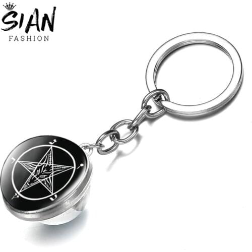 SIAN Satanism Inverted Pentagram Goat Head Keychain Retro Gothic Baphomet Sign Double Side Glass Ball Key Chain for Men Ornament