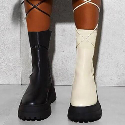 Womens Fashion Boots PU Leather Platform Female Bandage Ankle Boot Zipper Thick Bottom Non Slip Woman Shoes Autumn Winter 2022