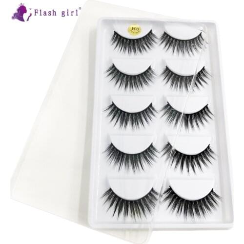 FlashGirl 5Pairs Mink Eyelashes Faux Mink Hair 3D Lashes Makeup Fluffy Wispy False Eyelash Extension Natural Long Handmade 034