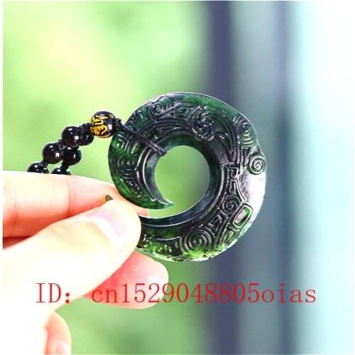 Chinese Natural Black Green Jade Decorative Rune Pendant Beads Necklace Charm Jewelry Obsidian Double-sided Carved Amulet Gifts