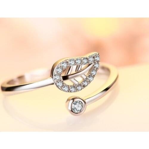 Rhinestone Open Size Silver color Small Narrow Leaf Rings Adjustable Simple Flower Finger Ring for Women Jewelry Gift