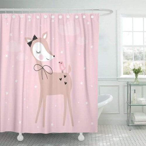 Brown Cute Pretty Deer Bird Pink Bambi Adorable Animal Shower Curtain Waterproof Polyester Fabric 60 x 72 Inches Set with Hooks