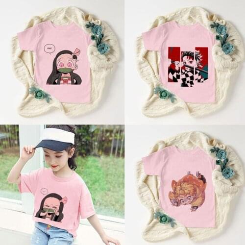 Summer 2020 Cartoon Girl T-shirt Demon Slayer T Shirt Kids Cute Fashion Baby Demon Blade Boys Tshirt Children Clothes Round Neck