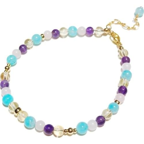 Lii Ji Real Amethyst Amazonite Rose Quartz Citrine 14K Gold Filled Bracelet 18+3cm