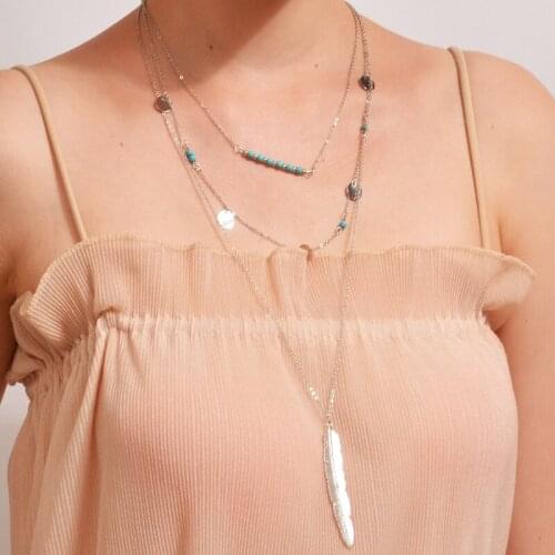 Europe and the United States popular retro style street patted metallic feather tassel pine stone sequined multi-layer necklace