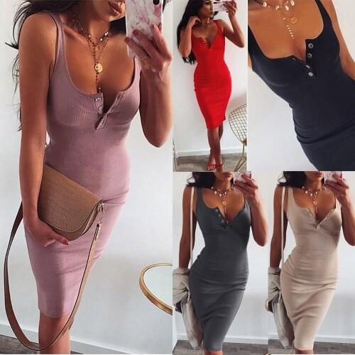 Fashion Women Midi Dress Knitted Elastic Sleeveless Bodycon Ladies Elegant 2021 Summer Sexy V-Neck Button Party Slim Dresses