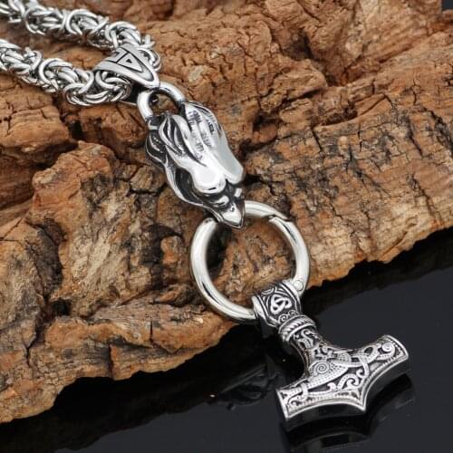 Mens Viking Stainless Steel Necklace Odin Crow Thors Hammer Pendant Necklace Thunder Goat Hammer Guardian Totem Jewelry Gift