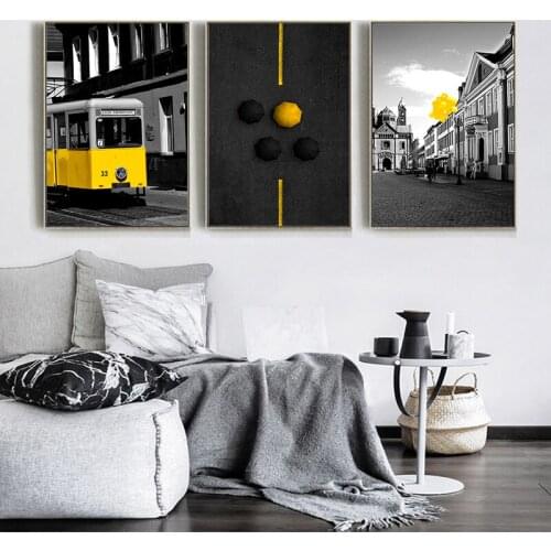 Wall Art Picture Black Tone Street Yellow Bus Umbrella Balloon Canvas Painting Print Poster Living Room Home Decor Backgrounds