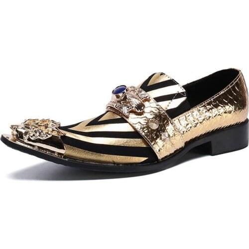 New Gold Metal Toe Genuine LEATHER Dress Shoes for Men Party and Wedding Fashion Mens Shoes, Business Zapatos Hombre,38-46