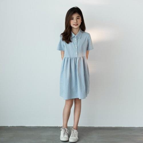 2021 New Summer Kids Clothes Teen Children Plaid Dress Girls Cotton Dress Button Teen Shirt Dress Soft Preppy Style,#6078