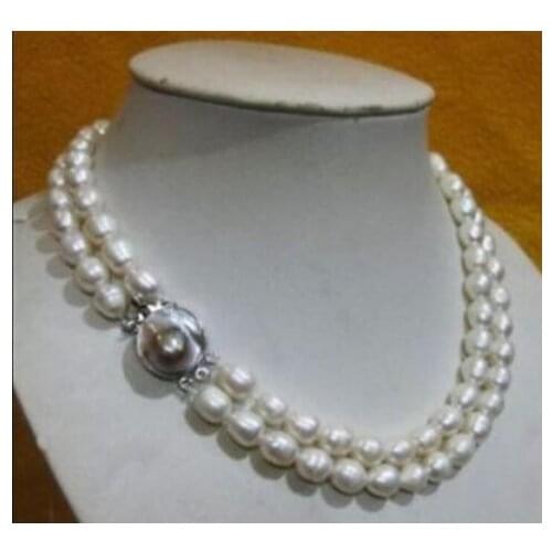 CHARMING NATURAL 2 row 9-10MM AKOYA REAL WHITE BAROQUE PEARL NECKLACE