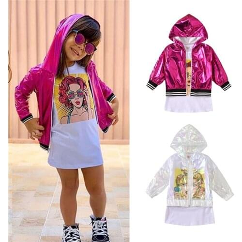 2020 Autumn Fashion Kids Baby Girls Clothing Set 2pcs Cartoon Print Straight Short Sleeve Dress+Long Zipper Jacket Outfit