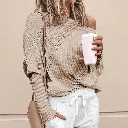 Autumn Solid Jumper Knitwear Top Women Sexy Sweater Long Sleeve -Shoulder Knitted Pullovers Sweater Cold Shoulder