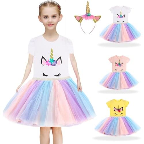 1-8 Years Girls Dresses Kids Cartoon Vestidos Children 2021 Summer Dress Kids Dress for Girls Short Sleeve Unicorn Dresses 3 Pcs