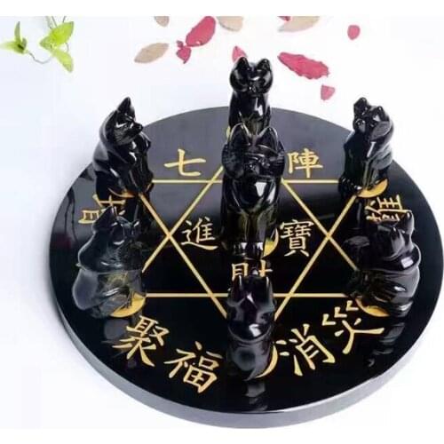 Natural obsidian fox seven star array Healing Energy Carved Crystal Gemstone