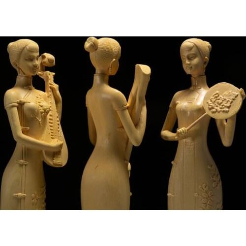 Boxwood 30cm Chinese Classical Beauty Sculpture Three Beauty Ladies Wood Carving Home Decor