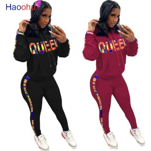 HAOOHU Active Queen Letter Sweatsuit Womens Set Hoodies Jogger Pants Set Sporty Tracksuit Two Piece Set Fitness Outfit
