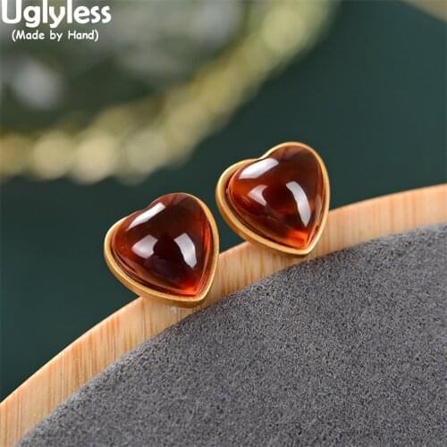 Uglyless Tempting Red Garnet Heart Studs Earrings for Women LOVE Gifts Jewelry Real 925 Silver Blue Amber Earrings MINI Brincos