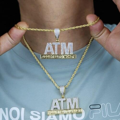 Iced out Full cz paved initial ATM charm pendant with gold plated Men long rope chain hip hop necklace for men boy drop ship