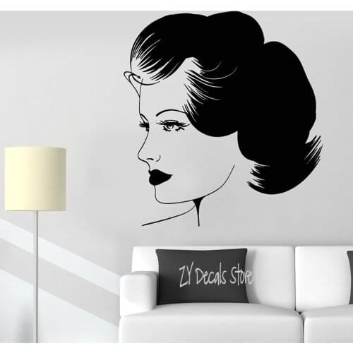 Beauty Salon Vinyl Wall Decal Retro Beautiful Woman Face Makeup Hairstyle Stickers Hair Salon For Barber Shop Wall Decor L675