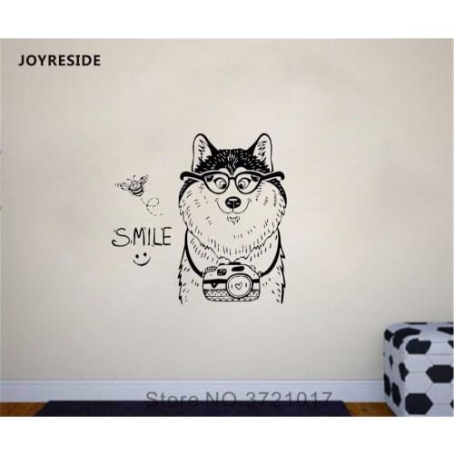 JOYRESIDE Huskies Dog Puppy Wall Animal Camera Decal Vinyl Sticker Home Decor Kids Baby Girl Boy Room Bedroom Design Mural A499