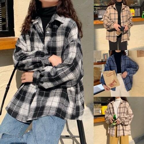 Women Blouses Turn-down Collar Spring Shirts Plaid All-match BF Batwing-sleeve Loose Outwear Harajuku Female 4 Colors Chic New