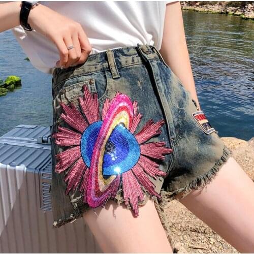 Womens Korean Fashion Summer planet embroidery denim Shorts Female Sexy Tassel Wide Leg Jeans Plus Size jean short Pants TB479