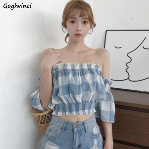 Shirts Women Plaid Slash Neck Flare Sleeve Short Sexy Off Shoulder Ulzzang Trendy All-match Soft Top Streetwear Chic Females New