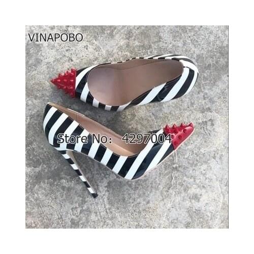 Vinapobo Sexy High-heelShoes Fashion Zebra Stripes Women Shoes Rivet Studded Pumps Patchwork Pointed Toe Women Single Shoes