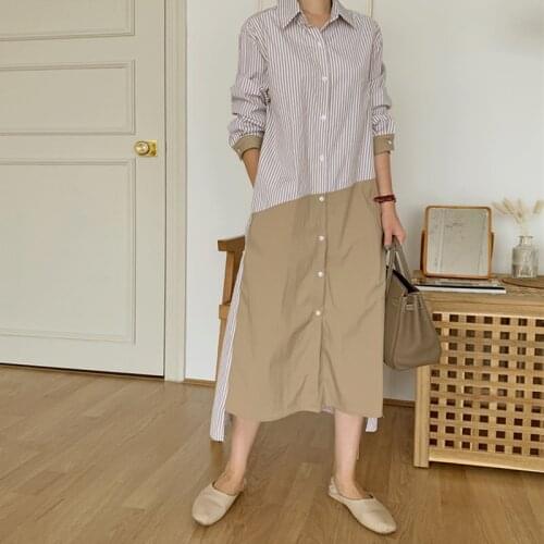 Johnature 2021 New Striped Patchwork Women Shirt Dresses Spring Summer Single-breasted Loose Pockets Dress