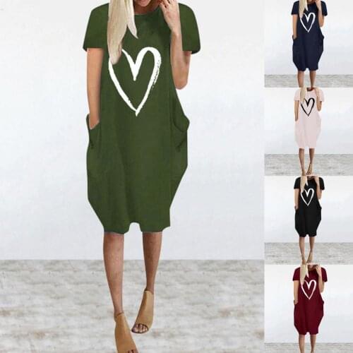 Women Heart Loose Dress Summer Women Short Sleeve O Neck Pocket Loose Casual Dress Lady Mid-length Dress Vestidos for Dating