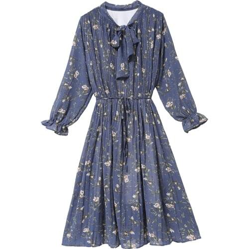2021 New Floral Printed Chiffon Dress Women Autumn Spring Long-Sleeved Butterfly collar Loose waist Dresses Female