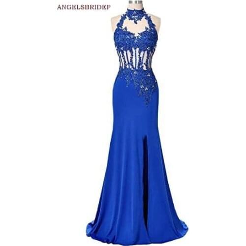ANGLSBRIDEP Mermaid Evening Dresses Party Gowns Sexy High-Neck Backless Side Split Chiffon Vestidos de festa Formal Prom Dress