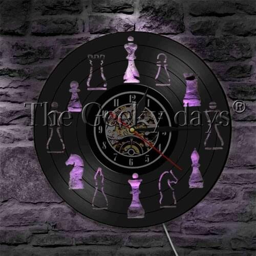 Chess Strategic Game Design Antique Vinyl Record Wall Clock With LED Blacklight Chess Pieces Modern Hanging Wall Lighting