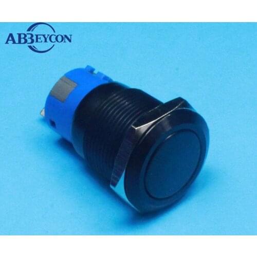 19mm Momentary Black Anodized Aluminum Metal Shell Push Button Switch Black Housing 220V Pin Terminal Metal Cap Switch
