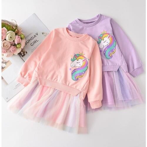 Childrens autumn baby girl clothes girl clothes suit dress cartoon sweater mesh stitching dress baby girl clothes suit