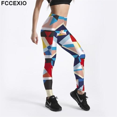FCCEXIO New Womens Slim Legging Fitness Digital Print Polygon Brilliant Color Pants Pencil Trousers Workout Leggings Drop Shipp