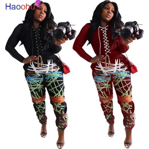 HAOOHU Autumn Casual lace-up Top And Leggings line print pants Sweatsuit Women Set Fashion Sporty Loungewear Two Piece Outftis