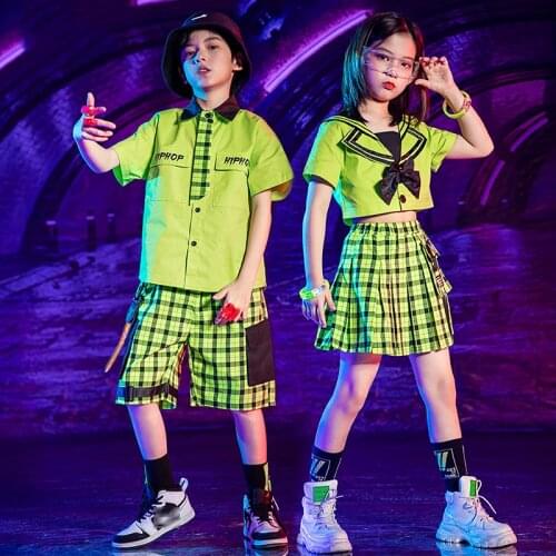 College Style Jazz Hip Hop Costumes Kids Green Plaid Short Sleeve Suit Modern Dance Performance Clothes Teen Girls Wear BL6065